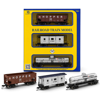 HANFIY 95012 HO Scale 1:87 Railroad Freight Train Model 3-Car Set – Hopper, HF&MX Rail Car & Chemical Tank Car | Collector Model | 14+