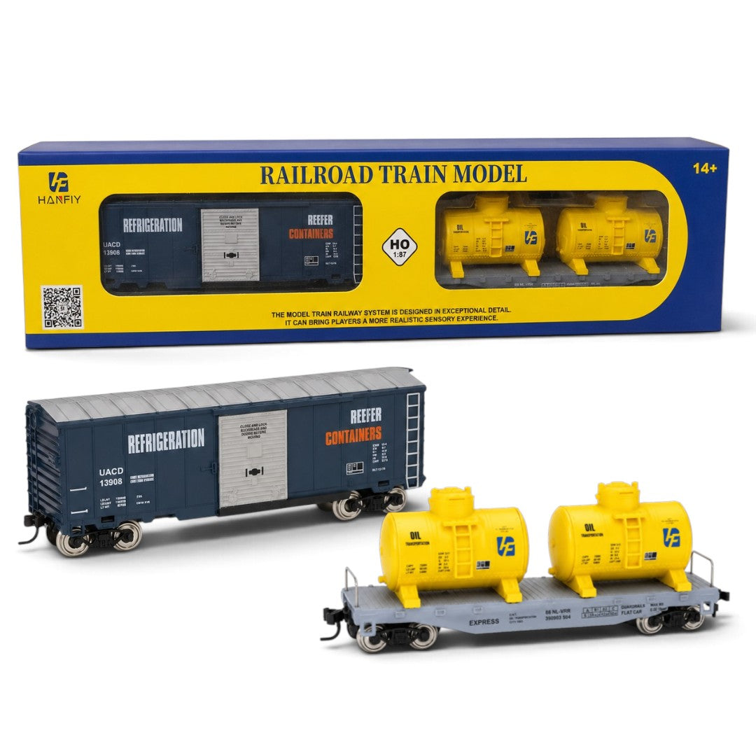 HANFIY 95001 HO Scale 1:87 Railroad Freight Train Model 2-Car Set – Refrigeration Reefer Boxcar & Twin Oil Tank Wagon | 14+