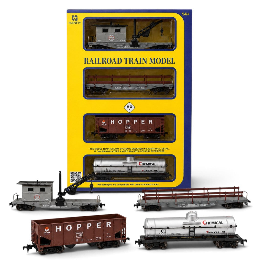 HANFIY 95017 HO Scale 1:87 Railroad Freight Train Model 4-Car Set – Crane Car, Flat Car, Hopper & Chemical Tank Car | 14+