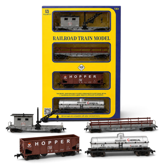 HANFIY 95017 HO Scale 1:87 Railroad Freight Train Model 4-Car Set – Crane Car, Flat Car, Hopper & Chemical Tank Car | 14+