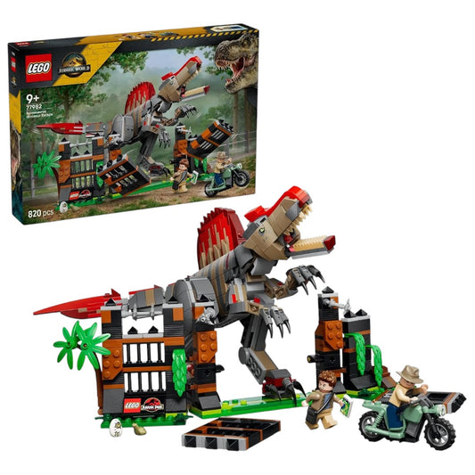 LEGO 77982 Jurassic World Spinosaurus Dinosaur Escape – 820-Piece Posable Dinosaur Playset with 2 Minifigures, Ages 9+