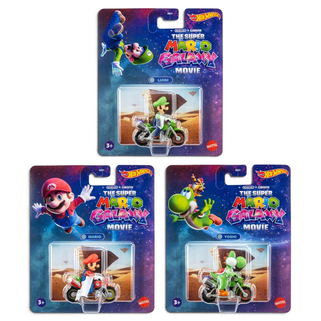 Hot Wheels 1:64 Super Mario Galaxy Movie Motorcycle Combo – Mario, Luigi & Yoshi, Set of 3