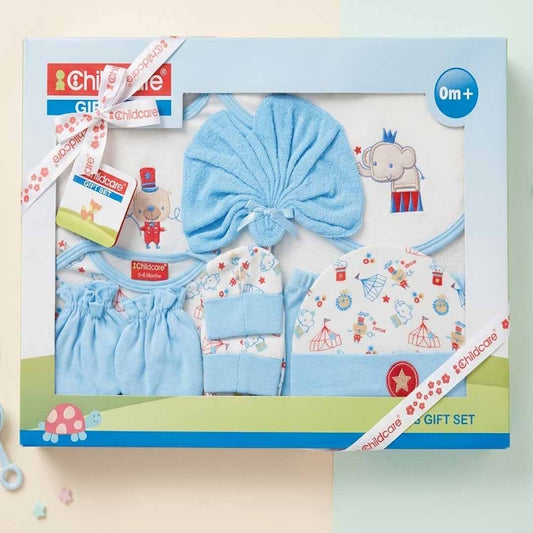 Childcare 9 PCS Baby Gift Set for Newborn Boys (0M+) – Soft Cotton Infant Clothing Set with Cap, Mittens, Booties & Bib (Blue)
