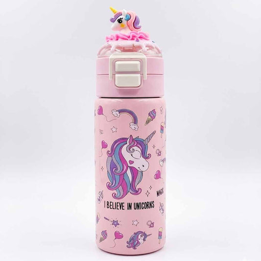 Unicorn Kids Water Bottle 500ML with Straw Lid – Leakproof Cartoon School Water Bottle for Girls