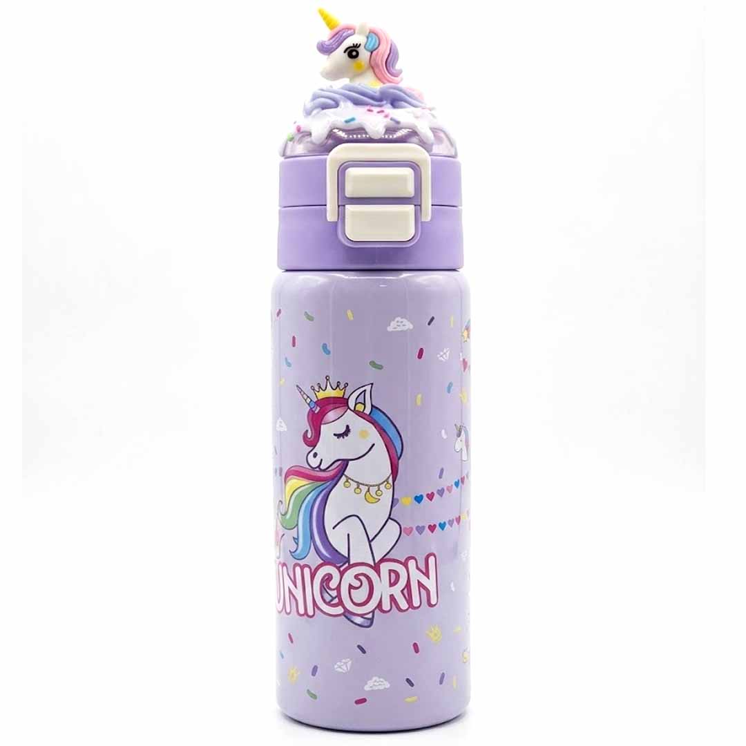 Unicorn Kids Water Bottle 500ML with Straw Lid – Leakproof Cartoon School Water Bottle for Girls