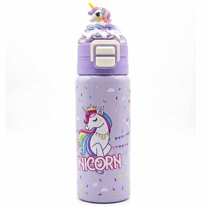 Unicorn Kids Water Bottle 500ML with Straw Lid – Leakproof Cartoon School Water Bottle for Girls