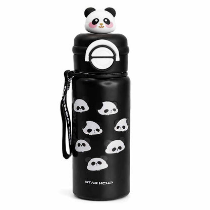 Panda Kids Water Bottle 500ML with Straw Lid – Leakproof Cartoon School Water Bottle for Children (Black)