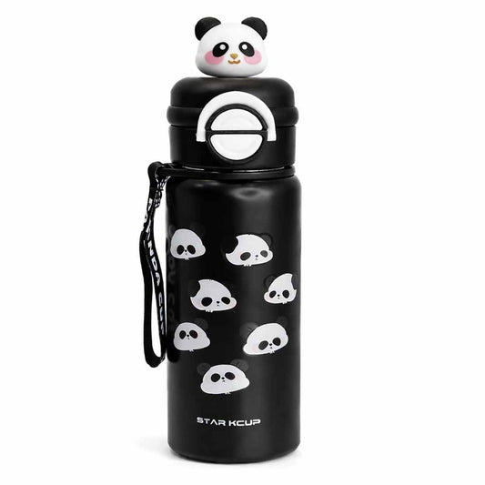 Panda Kids Water Bottle 500ML with Straw Lid – Leakproof Cartoon School Water Bottle for Children (Black)