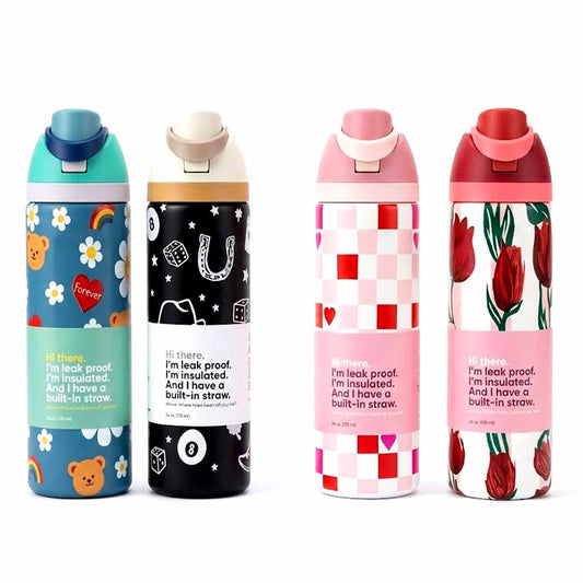 Stainless Steel Insulated Water Bottle 710ml with Built-in Straw – Leakproof Thermos Bottle for School, Travel & Daily Use (Multiple Designs)