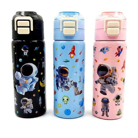 Kids Stainless Steel Space Theme Water Bottle 500ml with Straw Lid – Leakproof School Bottle for Children (Astronaut Design)
