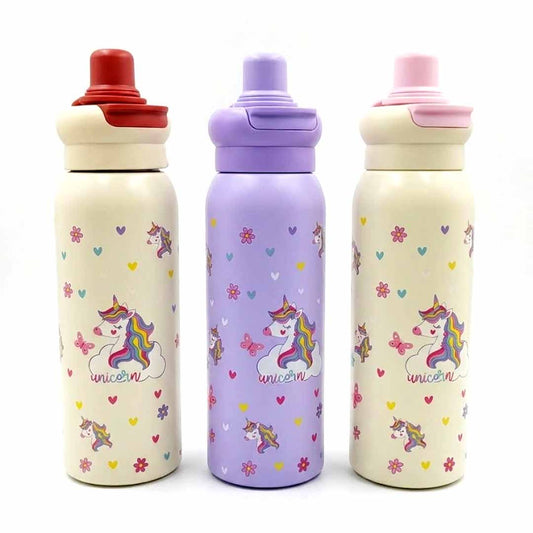 Kids Stainless Steel Unicorn Water Bottle 620ml with Straw Lid – Leakproof School Bottle for Girls (Cute Unicorn Design)