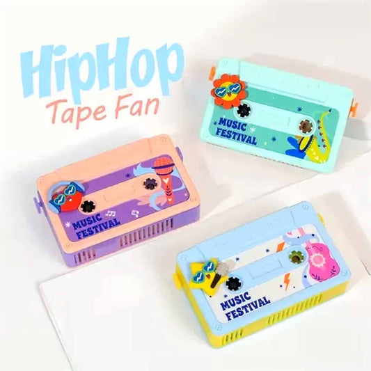 HipHop Tape Fan – Portable Cassette Style Mini Fan with Hand Crank | Retro Music Festival Design Desk Fan
