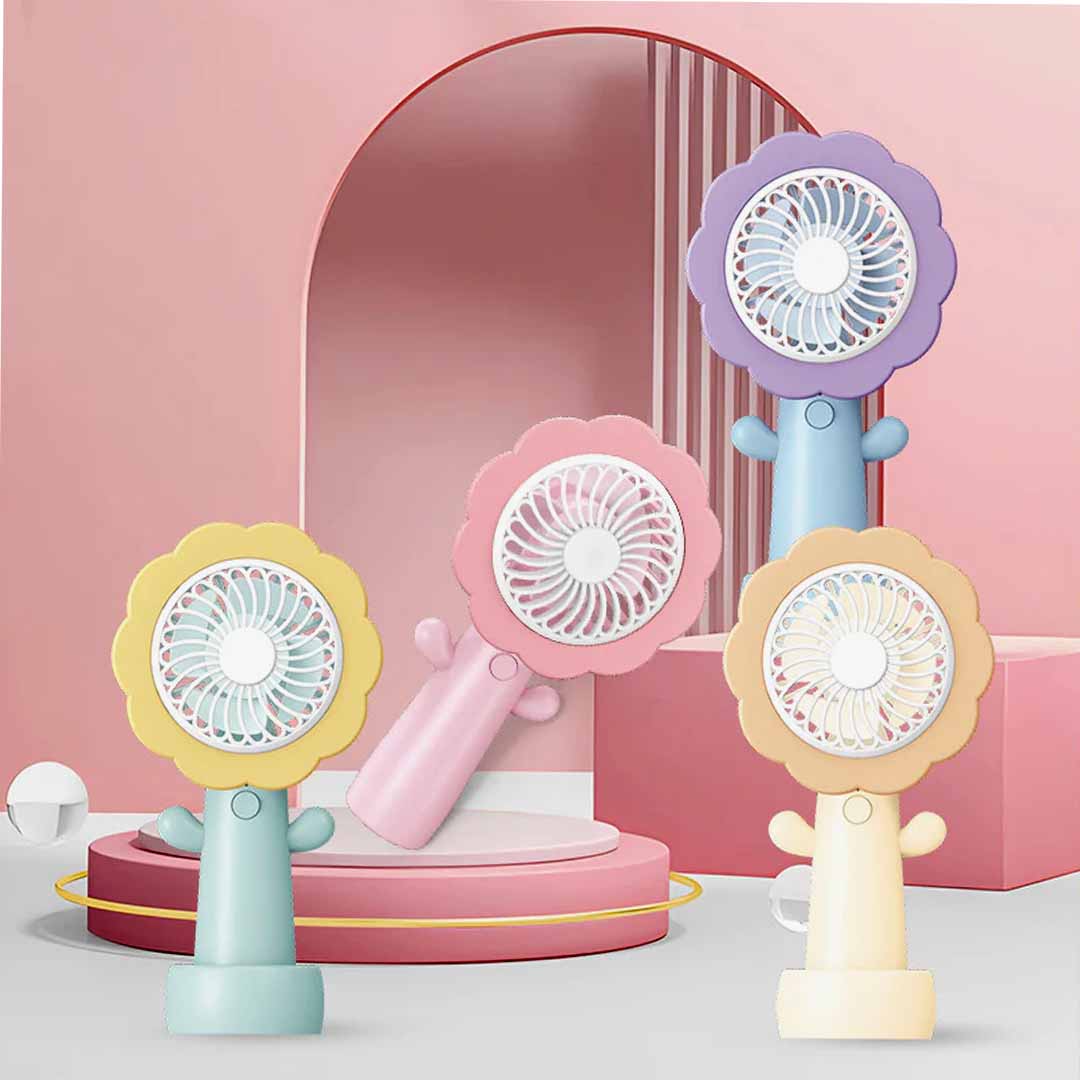 Portable Handheld Mini Fan with Stand – Flower Design Personal Cooling Fan for Travel, Office & Outdoor Use (Pack of 1)