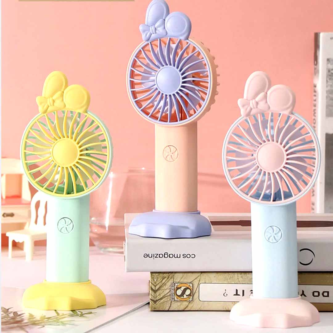 Portable Handheld Mini Fan with Stand – Cute Bow Design Personal Cooling Fan for Travel, Office & Outdoor Use (Pack of 1)
