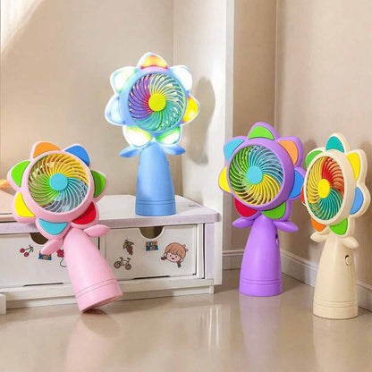 Portable Handheld Mini Fan with LED Lights – Colorful Flower Design Personal Cooling Fan for Travel, Office & Outdoor Use (Pack of 1)