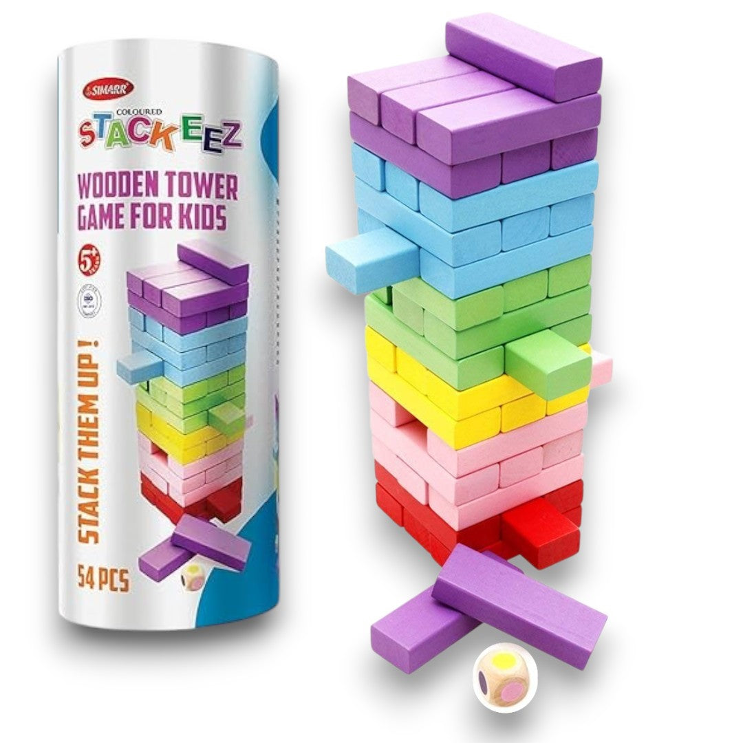 Simarr Coloured Stackeez Wooden Tower Stacking Game – 54 Piece Wooden Blocks with Dice | Classic Family Balance Game for Kids & Adults