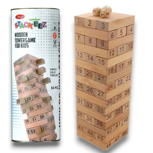 Simarr Number Stackeez Wooden Tower Game – 54 Numbered Wooden Blocks with Dice | Classic Stacking Balance Game for Kids & Family