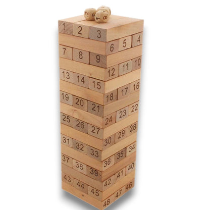 Simarr Number Stackeez Wooden Tower Game – 54 Numbered Wooden Blocks with Dice | Classic Stacking Balance Game for Kids & Family