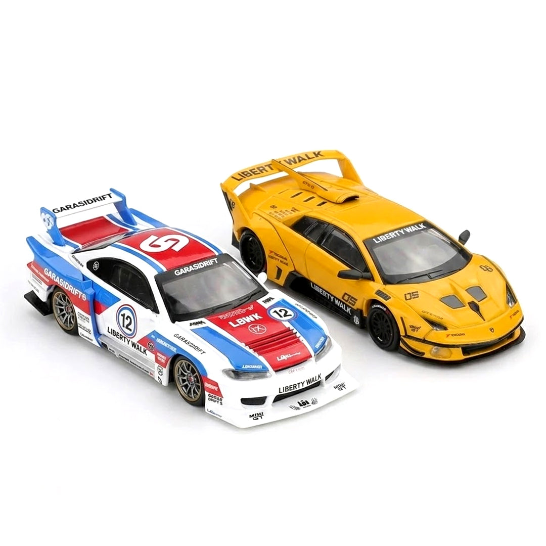 MINI GT 1:64 Nissan S15 Silvia LB-Super Silhouette + Lamborghini LB-Silhouette WORKS Murciélago GT EVO – Duo Diecast Model Collection