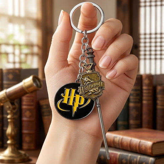 Hufflepuff Wand Keychain with HP Logo – Wizard Keyring for Harry Potter Fans