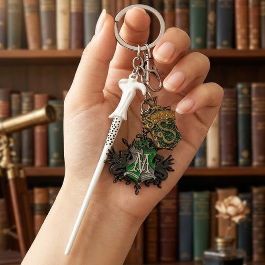 Slytherin Wand Keychain with House Crest – Wizard Keyring for Harry Potter Fans