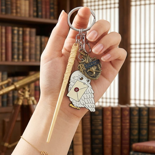 Ravenclaw Wand & Owl Keychain with House Crest – Wizard Keyring for Harry Potter Fans