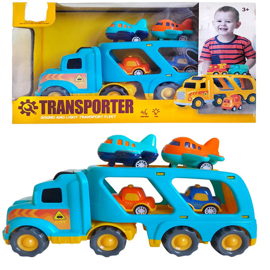Transporter Sound & Light Truck Toy for Kids – Car Carrier with Mini Cars & Airplanes | Pull Back Transport Fleet Toy  3+