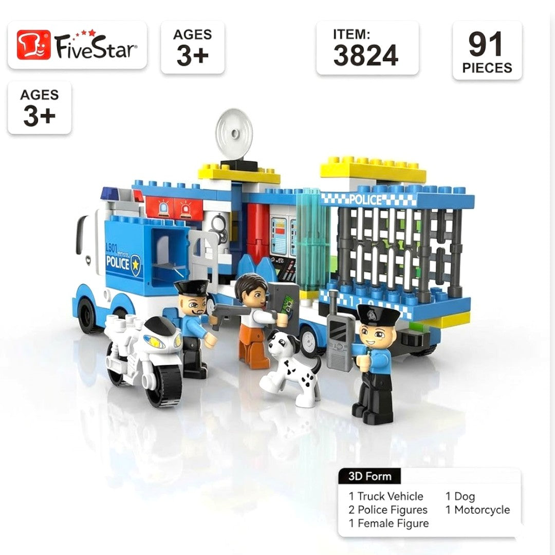 Five Star Transformer Police Truck Building Set – 91 Pieces Police Station Block Toy (3+ Years)