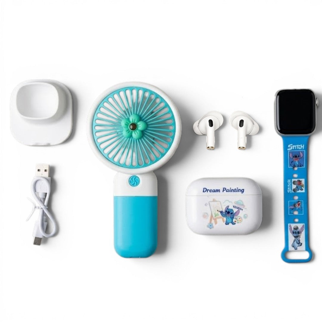 4-in-1 Kids Gift Set – Mini Handheld Fan, Smart Watch, TWS Earbuds & Charging Case (TWS-K55) Blue