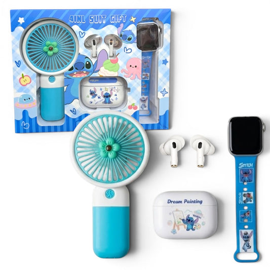 4-in-1 Kids Gift Set – Mini Handheld Fan, Smart Watch, TWS Earbuds & Charging Case (TWS-K55) Blue