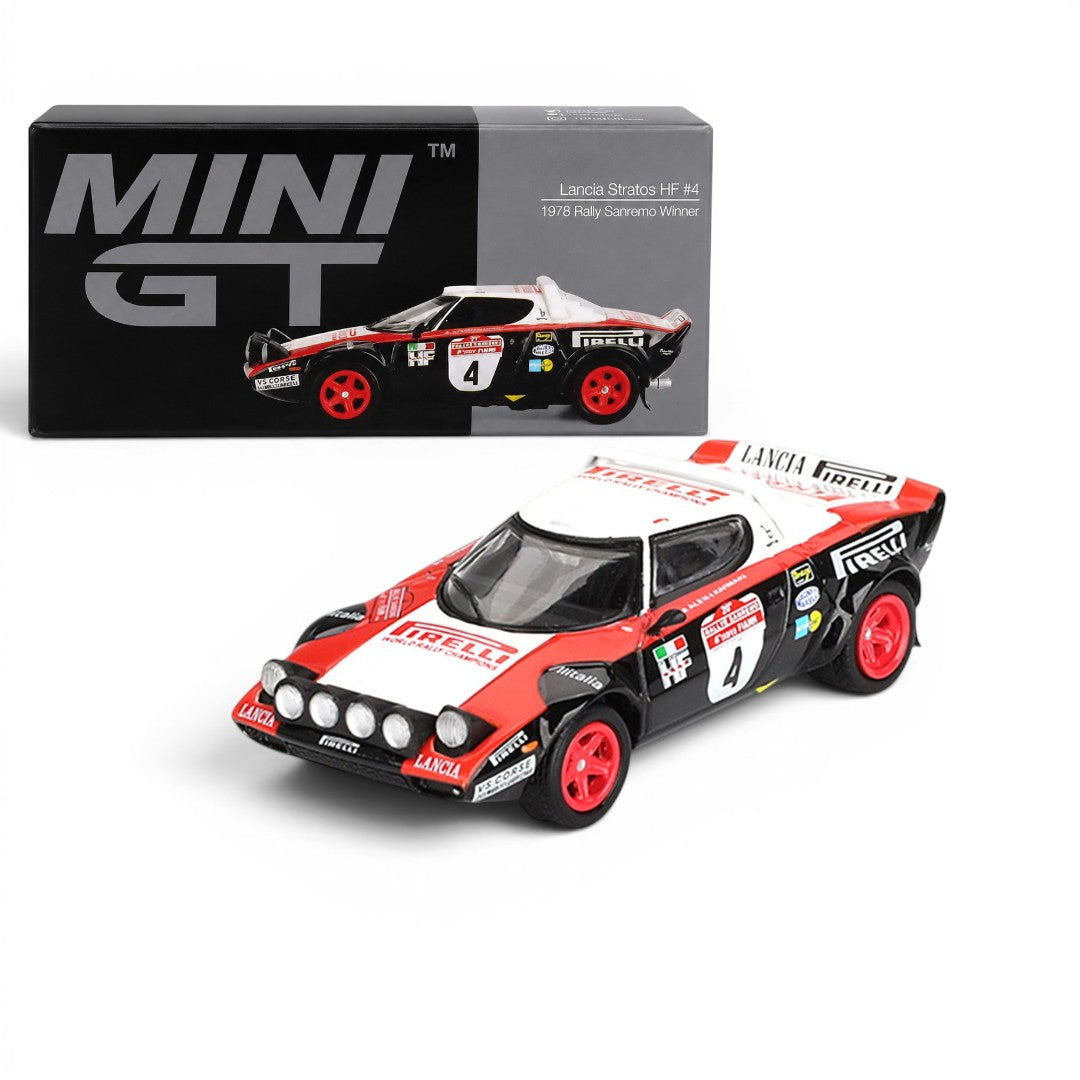 MINI GT 1:64 4-Car Die-Cast Set – Red Bull RB19 Verstappen, Abarth 595 LB-Works, Ford Puma Rally1 & Lancia Stratos HF