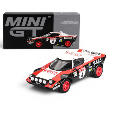 MINI GT 1:64 4-Car Die-Cast Set – Red Bull RB19 Verstappen, Abarth 595 LB-Works, Ford Puma Rally1 & Lancia Stratos HF