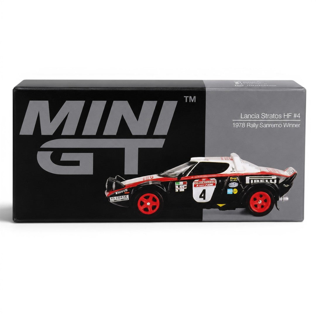 MINI GT 1:64 4-Car Die-Cast Set – Red Bull RB19 Verstappen, Abarth 595 LB-Works, Ford Puma Rally1 & Lancia Stratos HF