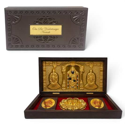 Balaji Wooden Shagun Gift Box with Gold-Plated Tirupati Balaji Frame & Charan Paduka | Premium Spiritual Gift Box for Wedding, Housewarming & Festive Occasions