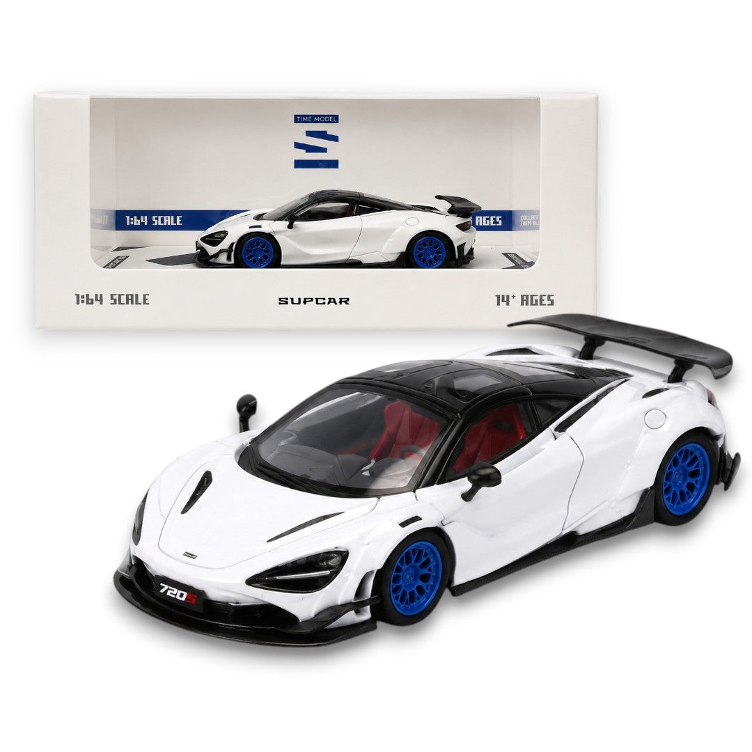 SUPCAR 1:64 McLaren 720S Diecast Model Car | Premium Collectible Supercar Replica | White with Blue Wheels