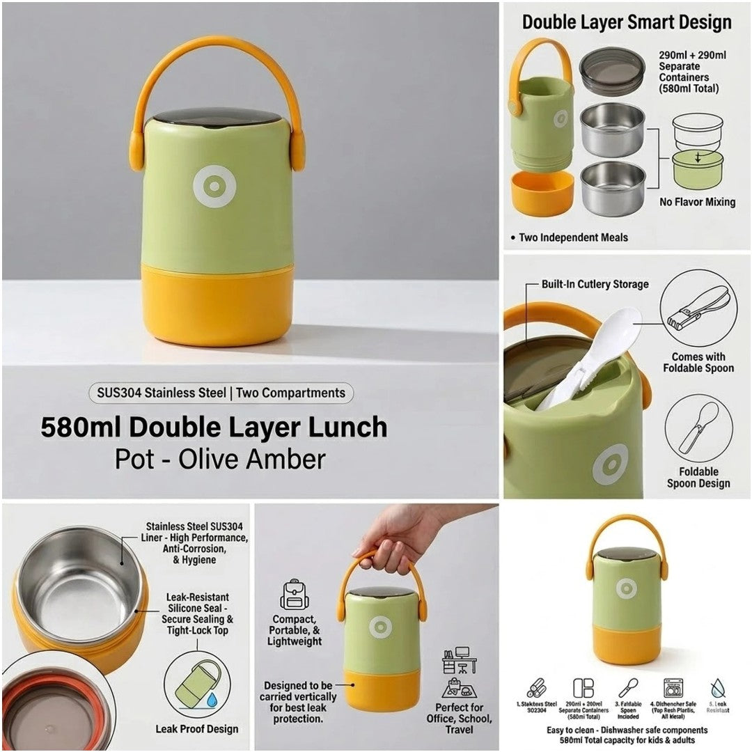 Double Layer Stainless Steel Lunch Pot 580ml with Foldable Spoon | 2 x 290ml Insulated Food Container for School, Office & Travel