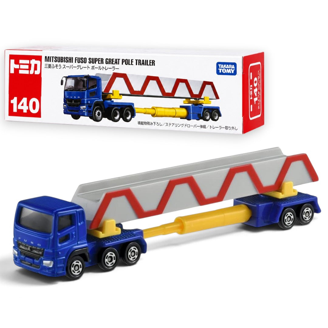 Takara Tomy Tomica No.140 Mitsubishi Fuso Super Great Pole Trailer with Extendable Drawbar, Detachable Trailer & 3 Cargo Accessories