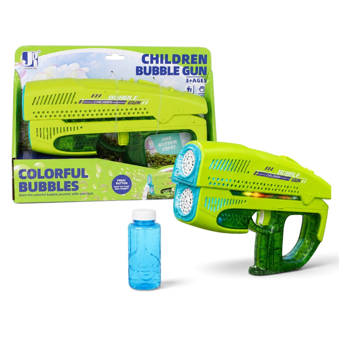 Rechargeable Automatic Double Outlet Bubble Gun with Colourful Lights & Bubble Solution for Kids 3+ Years - Green