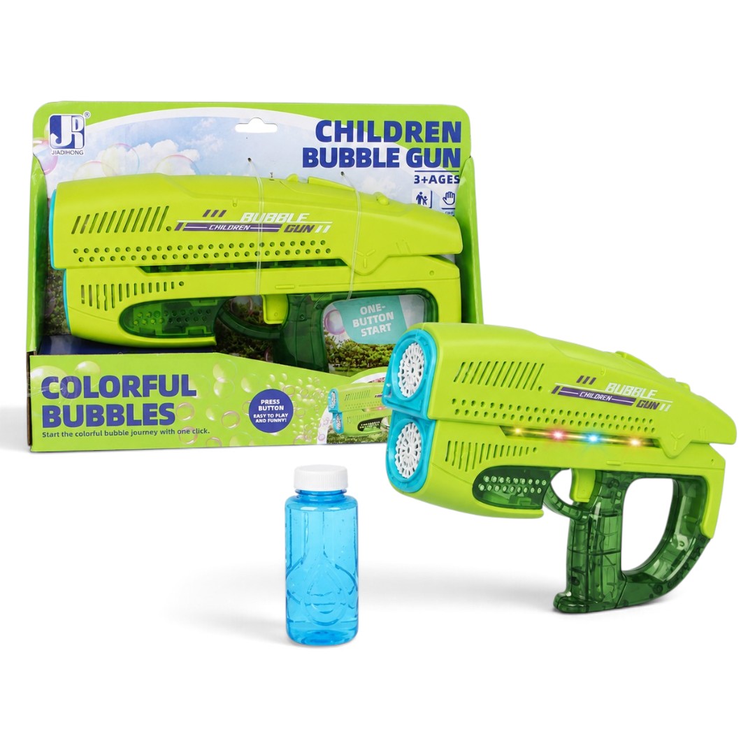 Rechargeable Automatic Double Outlet Bubble Gun with Colourful Lights & Bubble Solution for Kids 3+ Years - Green