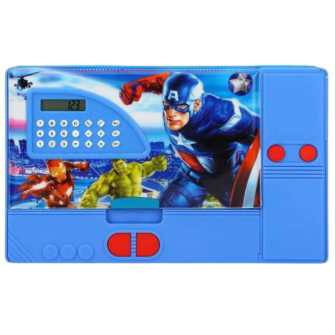 Marvel Avengers Kids Multifunction Pencil Box with Calculator & Dual Sharpener | Large Capacity Plastic Pencil Case with Secret Compartments | School Stationery Organizer for Boys | Blue