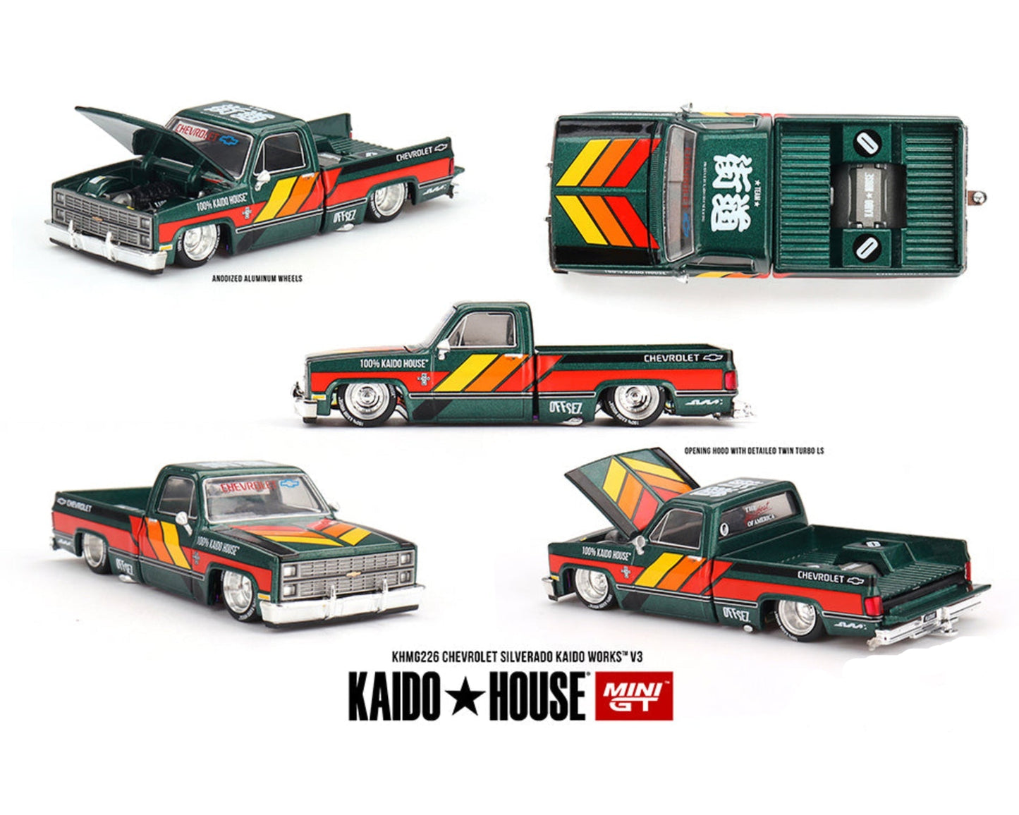 MiniGt 1:64 Chevrolet Silverado Pickup Truck Kaido Works V3 – Dark Green Metallic | Kaido House x Mini GT Die-Cast Model