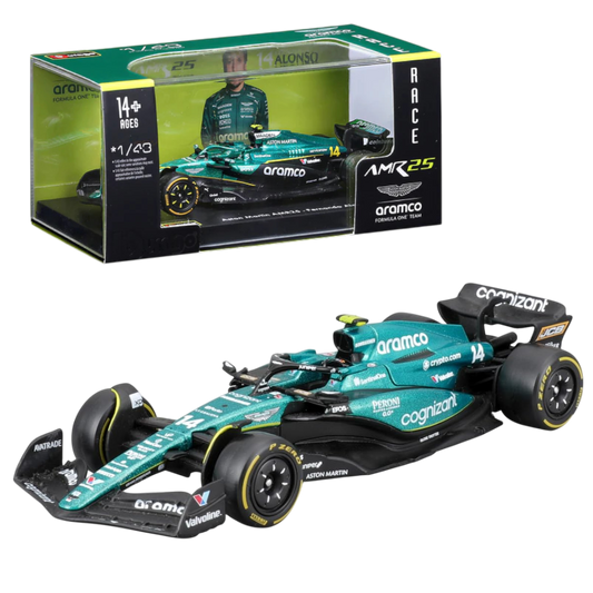 Bburago 1:43 Aston Martin Aramco F1 AMR23 #14 Fernando Alonso Diecast Formula 1 Car – Green