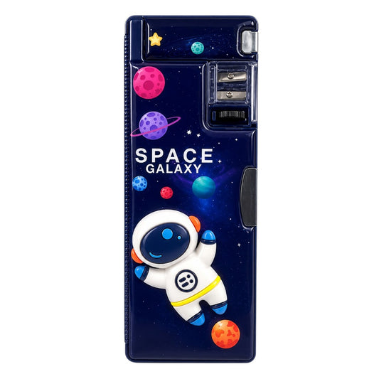 Space Galaxy Kids Pencil Box with Built-in Sharpener | Large Capacity Multifunction Stationery Organizer | Navy Blue
