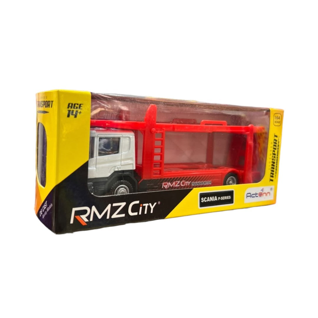 RMZ City 1:64 Scania P-Series Car Carrier Transporter Truck Die-Cast Model – White Cab with Red Trailer