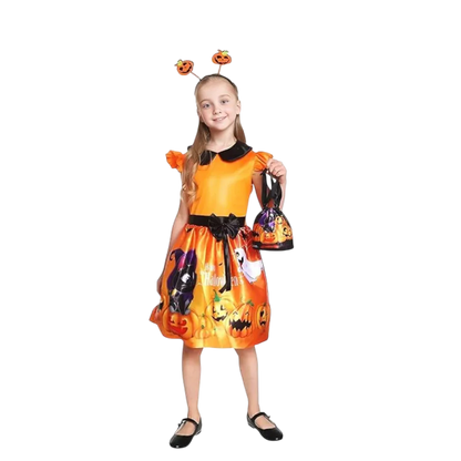 Girls’ Pumpkin Ghost Halloween Costume Dress – Cosplay Party Outfit