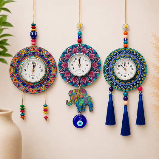 Boho Mandala Hanging Wall Clock Set with Tassels & Evil Eye Decor | Colorful Handmade Decorative Wall Hanging Clocks for Home Décor