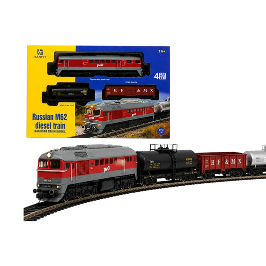 HANFIY 66700A Russian M62 Diesel Train 4 Car Set HO Scale 1:87 | Locomotive with 3 Freight Wagons | Model Railway Train