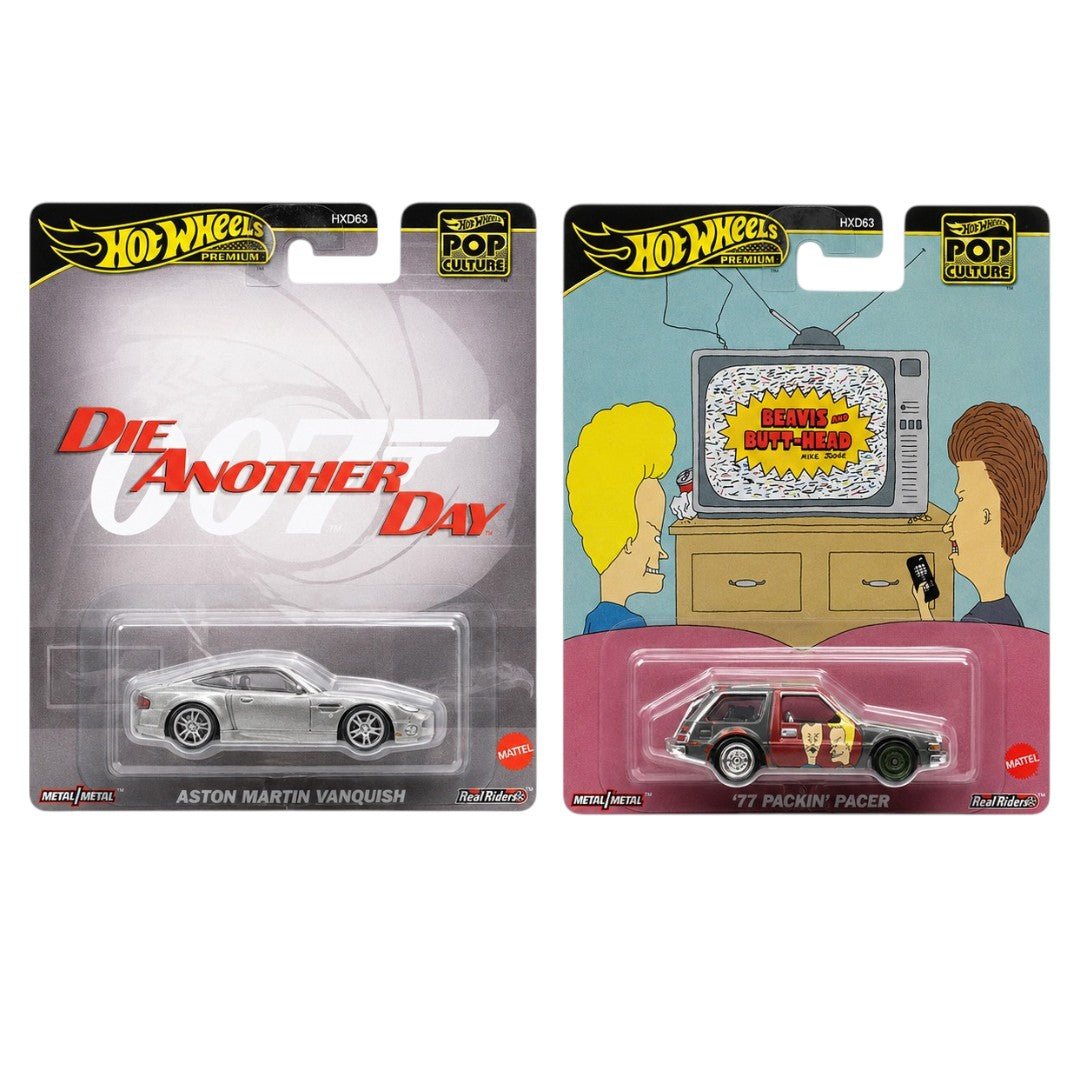 Hot Wheels Premium Pop Culture 1:64 (Blister Pack) 2-Car Combo Set – Aston Martin Vanquish (Die Another Day) + '77 Packin' Pacer (Beavis and Butt-Head) | Metal/Metal Die-Cast with Real Riders