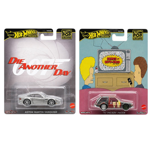 Hot Wheels Premium Pop Culture 1:64 (Blister Pack) 2-Car Combo Set – Aston Martin Vanquish (Die Another Day) + '77 Packin' Pacer (Beavis and Butt-Head) | Metal/Metal Die-Cast with Real Riders