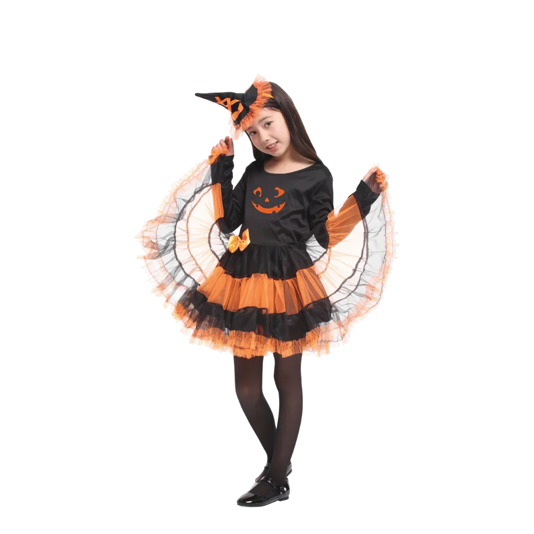 Girls Performance Witch Pumpkin Costumes With Hat Fancy Popular Halloween Makeup Ball Party Dress Kids Cosplay Performance Gift